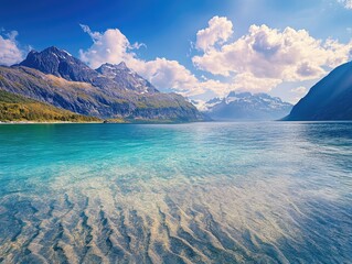 Fototapeta premium Peaceful waters of a glacial lake with mountainous backdrop, inviting beach for relaxation and outdoor activities.