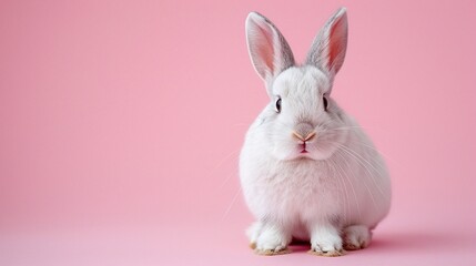 Obraz premium White bunny on pink background, adorable rabbit portrait, soft fur detail, minimalistic composition, cute and fluffy pet image, isolated animal close-up, cheerful and vibrant theme