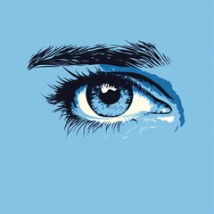 A stylized blue eye with dark lashes and brow