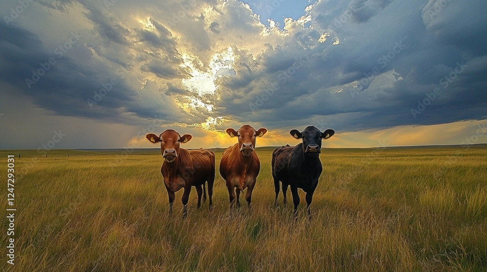 Poster in a tranquil rural setting, three cows stand calmly in a vibrant green field. the sky is filled wit