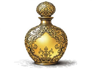 Elegant Golden Perfume Bottle with Intricate Design"