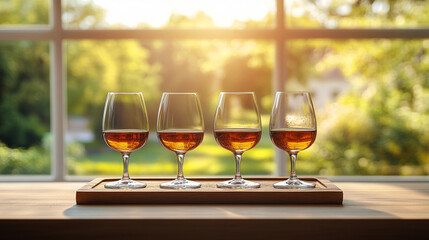 A whiskey tasting experience for National Bourbon Day with three glasses on a wooden tray in a cozy, modern setting. The bright ambiance creates a sense of warmth and relaxation
