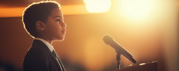 Young student giving a speech, poised and powerful 