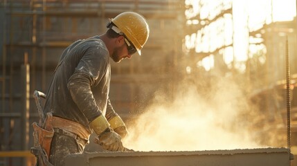 Fototapeta premium A construction worker in a yellow helmet works diligently at a building site bathed in golden sunlight and surrounded by dust.