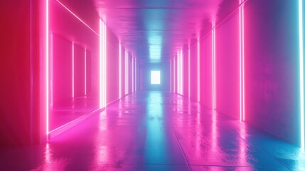 Vibrant Neon Lit Tunnel Leading to a Bright Exit with Reflections