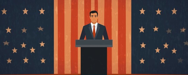 Politician standing at podium, persuasive confidence 