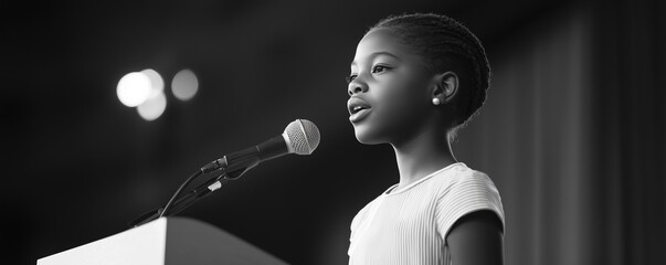 Young student giving a speech, poised and powerful 