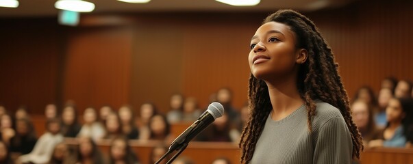 Young student giving a speech, poised and powerful 