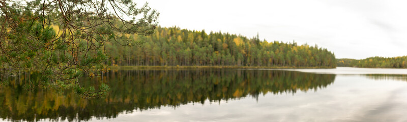 Reflection of Lush Forest, Pine Trees, and Vibrant Autumn Colors on Calm Surface of Finnish Lake