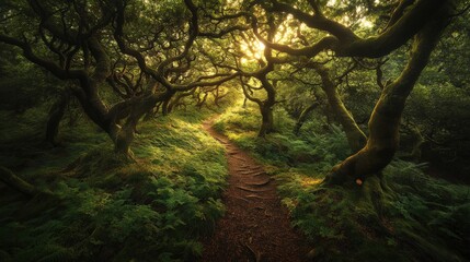 Fototapeta premium Serene Forest Pathway with Sunlight Filtering Through Lush Greenery