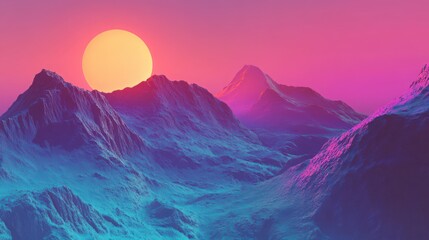 Vaporwave Landscape with Mountains and Sun for Retro Aesthetic Background
