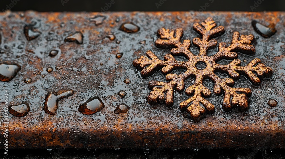 Poster a close-up of a rusty surface with a snowflake and water droplets.