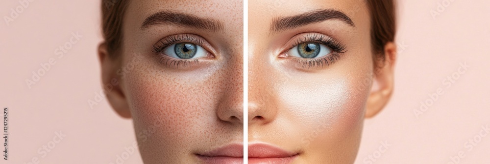 Poster comparison of natural beauty and full makeup on a womans face showcasing different styles and versat
