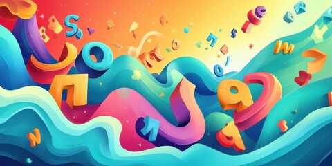 Fototapeta premium Colorful Three Dimensional Letters Flowing Over Waves