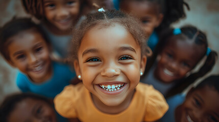 Fototapeta premium Children smiling together in the classroom, sitting in a circle for storytime. Their faces reflect excitement and engagement,