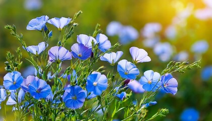 Linseed flax with blue flowers growing in the garden - Linum usitatissimum