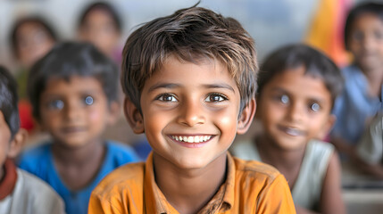 Children smiling at the teacher in the classroom, eager to learn and participate in the lesson. The joy of learning is evident,