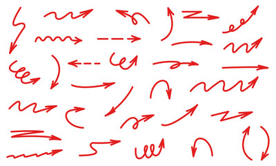 Hand drawn arrows for highlighting and underlining text.Set of red arrows.Marker doodle sketch.Vector illustration.