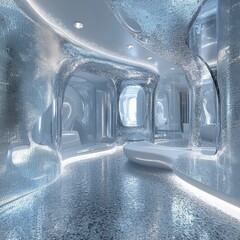 Futuristic corridor with glass walls and concrete floor. 3d render