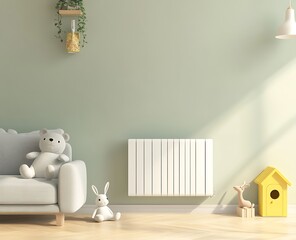 Design of a minimalist children's room with a pastel green wall, white furniture, and a Bing 30 White editorial style mockup