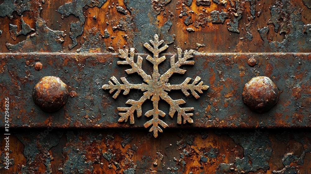Poster close-up of a rusty metal surface featuring a snowflake design.