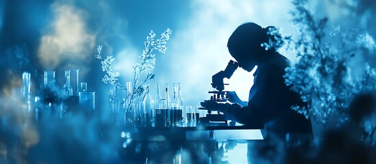 Diffuse blue background with double exposure of close-up laboratory scientist working in a lab using a microscope and test tubes, vials, or beakers for medical research or science development concept