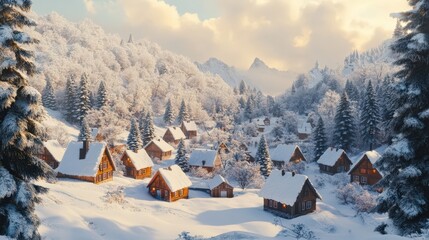 Fototapeta premium Winter Village Scene Surrounded by Snowy Mountains and Pine Trees