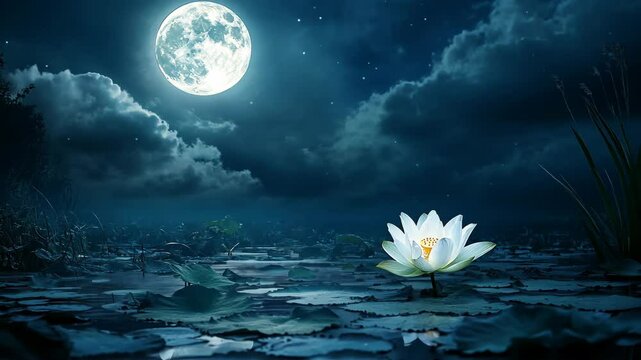 Moonlit night casts serene light over water lily in tranquil pond surrounded by clouds