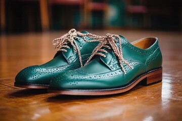This green dress shoe exudes a timeless elegance with its classic design and brogued detailing.