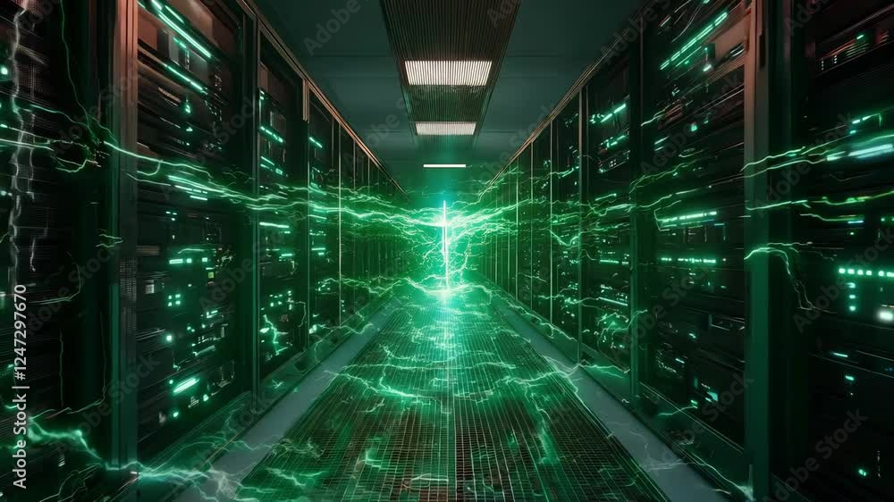 Poster a cutting edge data center filled with sleek server racks and dynamic green energy currents illumina