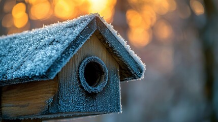 A frosty birdhouse against a blurred sunset background.