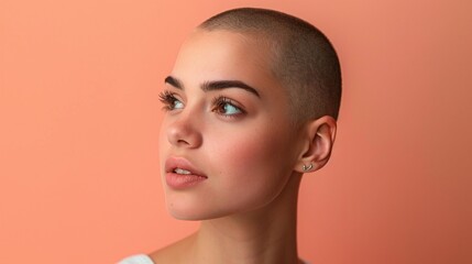 Woman with shaved buzz cut, Minimal peach background, Natural skin, Modern edgy look, Confident portrait, Contemporary beauty, Simple hairstyle, Bold personal style

