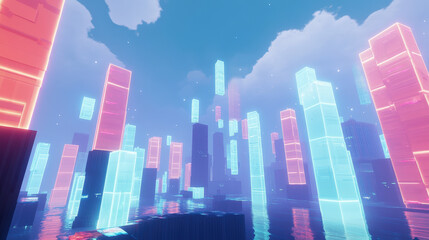 Obraz premium Digital City with Neon Skyscrapers in a Futuristic Sky