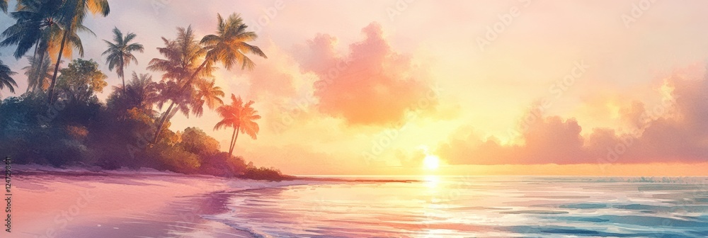 Poster breathtaking sunset over tranquil beach with palm trees and gentle waves at dusk. generative ai