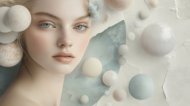 Smooth moonstone palette with soft colors, surrounded by decorative spheres, evokes contemplative and otherworldly atmosphere. Otherworldly Fashion. Illustration