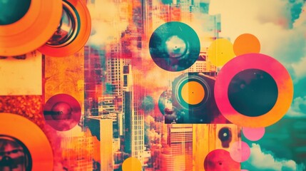 Obraz premium Abstract artwork of a city skyline with vibrant colors and shapes.