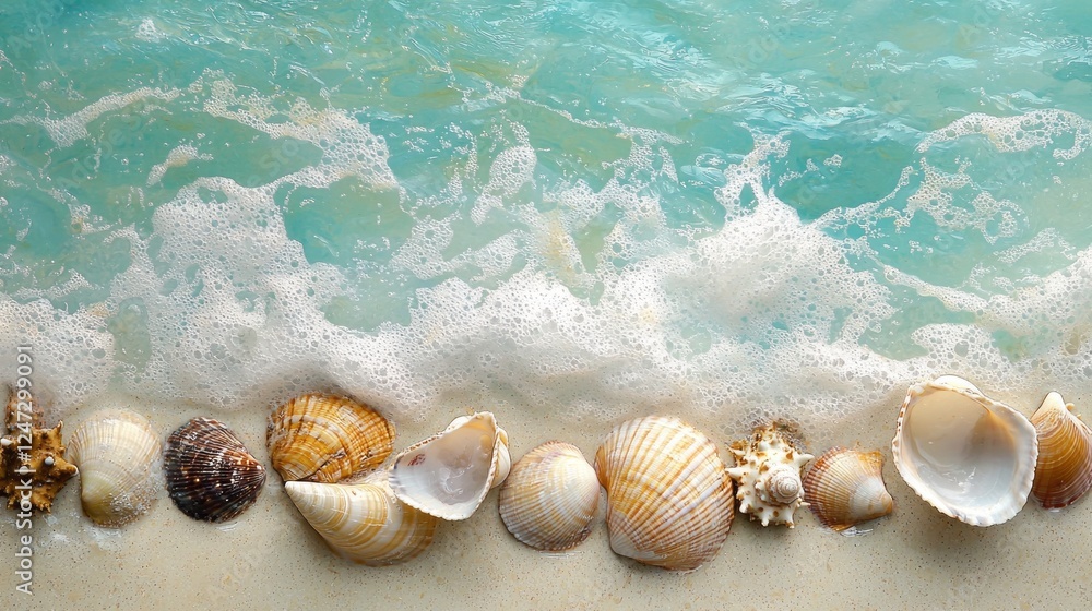 Poster A vibrant array of colorful seashells rests elegantly on the fine sand, while gentle waves lap at the shore, creating a serene atmosphere filled with natural beauty and tranquility