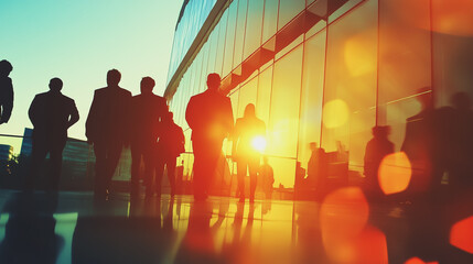 Fototapeta premium Group of business people silhouettes in modern office building and business network concept. Human resources with pastel innovation charts and graphs with statistics to analyze business