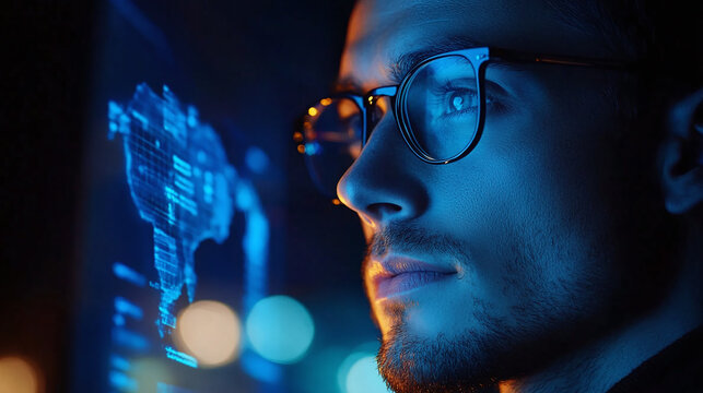 Handsome man with glasses, male looking at the business schemes on the digital screen or hologram display in modern office interior at night. infographics and analytics, algorithm layout, blue map.