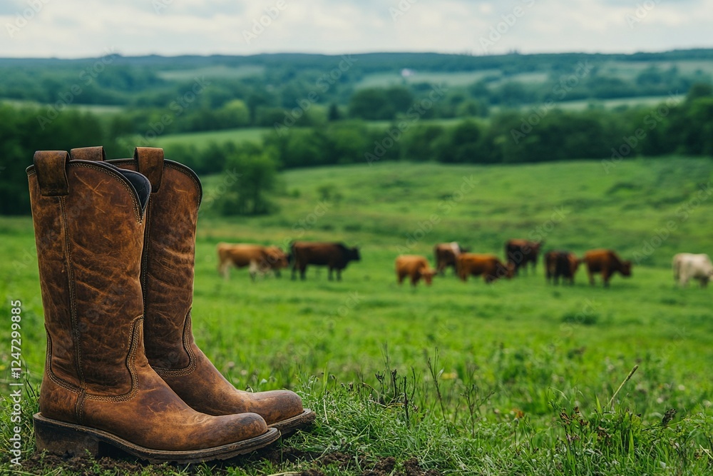 Poster a pair of sturdy brown boots set on a grassy field, with cows grazing in the background, representin