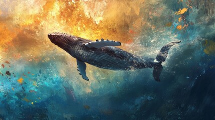 Fototapeta premium A Baby Humpback Whale Plays Near the Surface in Blue Water