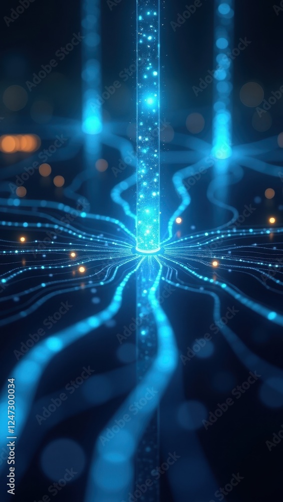 Poster intricate glowing network of blue connections representing blockchain technology in a digital enviro