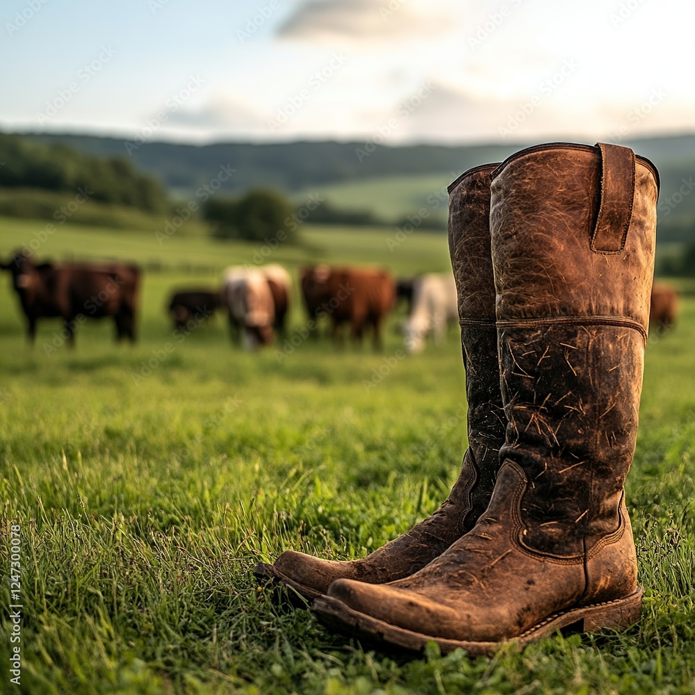 Poster a pair of sturdy brown boots set on a grassy field, with cows grazing in the background, representin