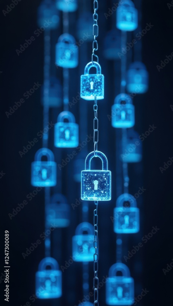 Poster digital locks hanging in a blue glow symbolize blockchain technology and security measures in a futu