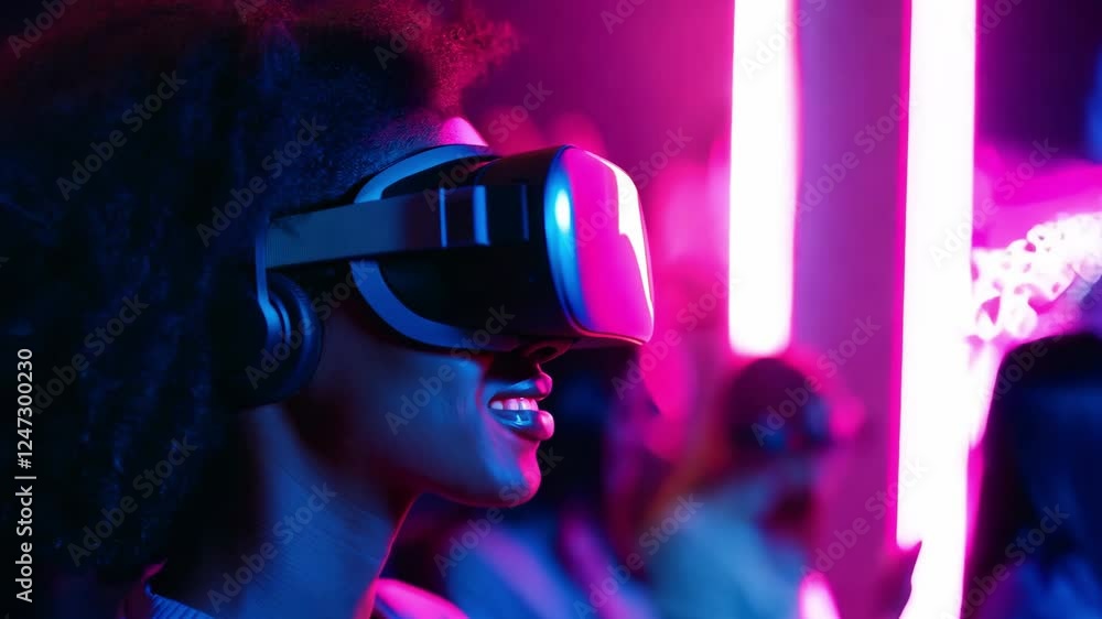 Poster audience enjoying an immersive experience with virtual reality devices while surrounded by a colorfu