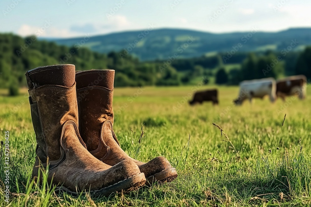 Poster a pair of sturdy brown boots set on a grassy field, with cows grazing in the background, representin