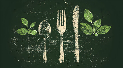 Eco-Friendly Culinary Utensils: A Rustic Integration of Spoon, Fork, Knife, and Fresh Herbs for Artful Kitchen Tableware Design and Visual Aesthetics in Dining and Restaurant Presentation