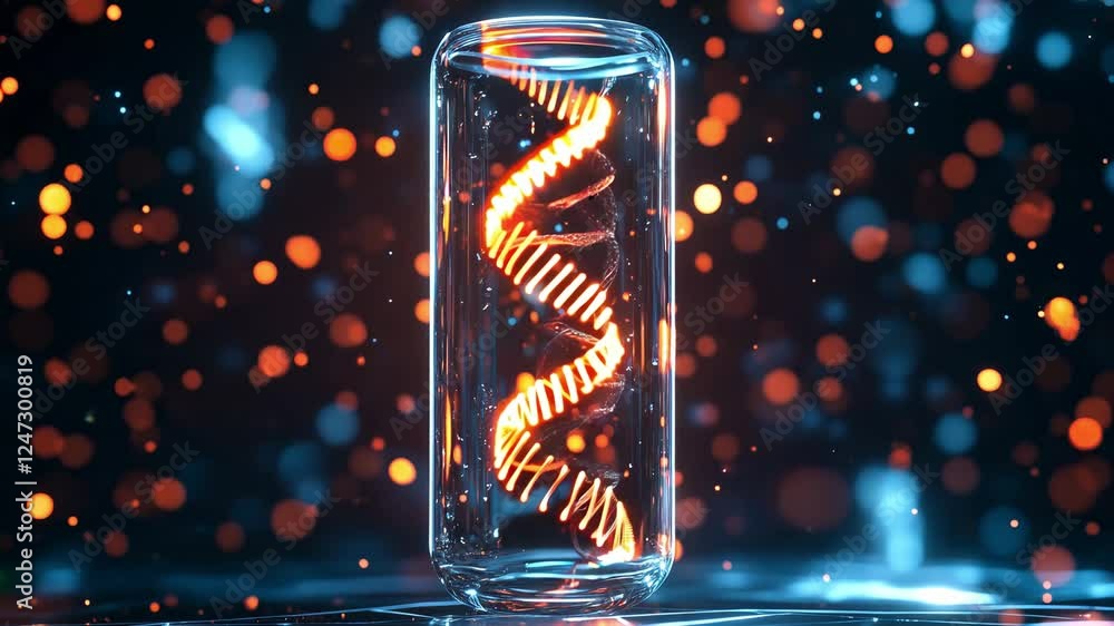 Poster an intricate display of a glowing dna spiral enclosed in a glass container against dark background w