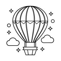 Black and white outline illustration of a hot air balloon.