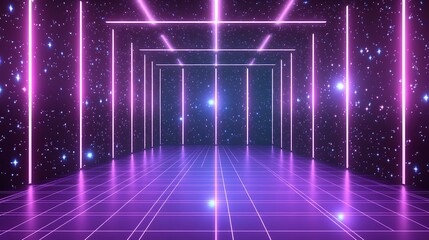 Neon corridor, stars, cosmic background, retro design, sci-fi